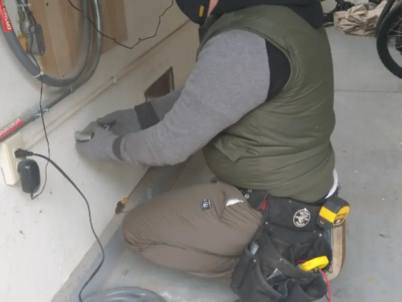 Electrician performing outlet wiring in a Candler-McAfee garage
